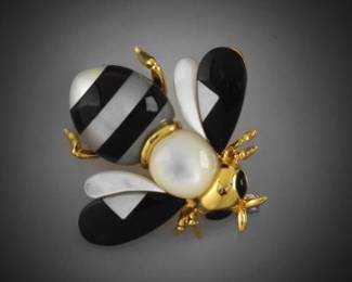 Asch Grossbardt Gold, Mother of Pearl and Black Onyx Bumble Bee Pin Brooch
