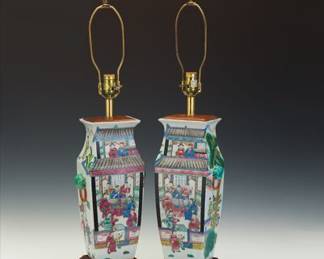 Near Pair of Chinese Famille Verte Porcelain Lamps