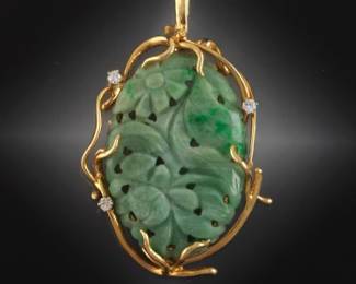 Ladies Gold, Carved Jadeite Jade and Diamond Pendant
