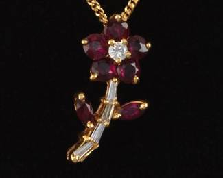 Ladies Gold, Fie Ruby and Diamond Floral Pendant on Chain