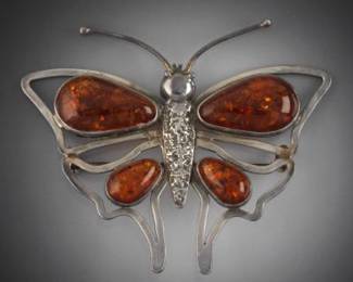 Ladies Sterling Silver and Amber Large Butterfly Pin Brooch