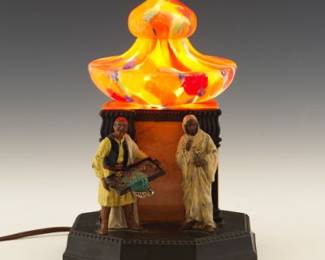 Orientalist figural lamp with art glass shade