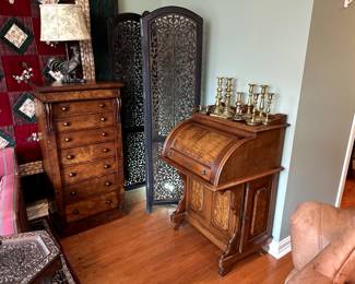 Desk, carved screen & chest.