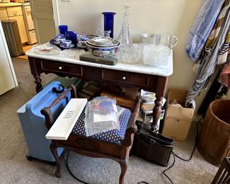 Antique bench with storage, marble top stand with mirror (not in photo)