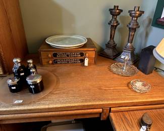 Antique spool chest, tin candleholders.