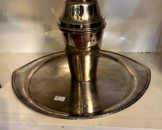 Sterling silver tray and cocktail shaker, English hallmarks.