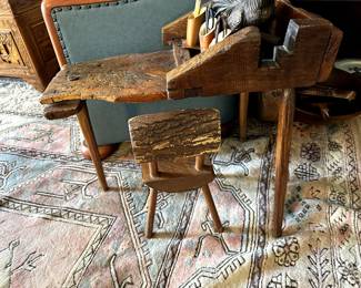 Cobblers bench and Child's log chair.