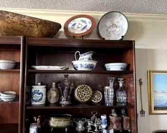 Bread bowls, blue and white and bookcases for sale.