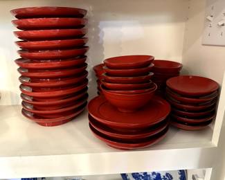 Vintage, traditional Japanese lacquerware in vermillion. Ca. 1961.