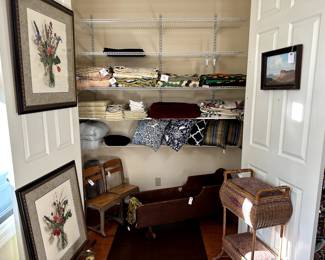 Quilts, Loudermilk prints signed and numbered, sewing stand, cradle, children's chairs.