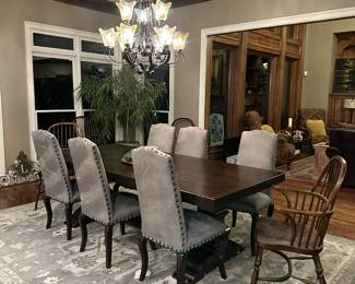 Pottery Barn “Banks”  expandable dining table up to 120” and pottery barn chairs, Surya rug