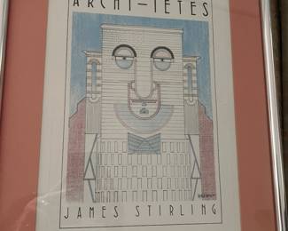 This is an original lithograph print titled "James Stirling" from the "Archi-têtes" series by Louis Hellman. 