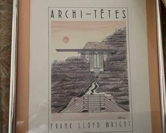The image displays an unframed lithograph titled "Frank Lloyd Wright" from the "Archi-têtes" series by Louis Hellman