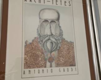 The image shows a framed print titled "ARCHI-TÊTES ANTONIO GAUDI." This print is part of the "Archi-têtes" series by British architect and cartoonist Louis Hellman