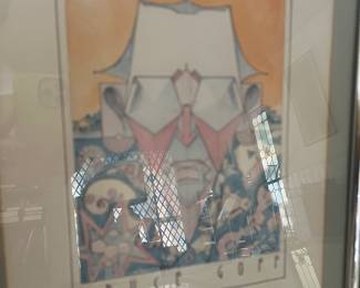 The image displays a framed print titled "ARCHI-TÊTES" featuring a caricature of architect Bruce Goff. This artwork is part of the "Archi-têtes" series by British architect and cartoonist Louis Hellman. 
