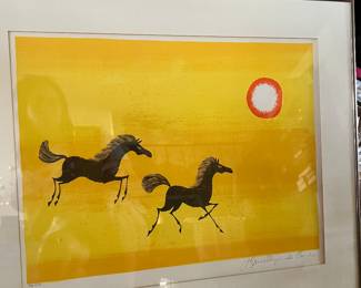 This is a signed limited edition lithograph titled "Galloping Horses" by Panamanian artist Keith Llewellyn De Carlo (1925-1981). Depicts two galloping horses against a yellow background with a red sun. 
