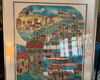 Italian Riveria drawing. Litho
This charming artist-created, signed and numbered lithograph is rich in color and detail. Whether you've been there or just hope to someday, this matted and framed wall art will bring the lively blues and reds of the Italian Riviera into your home. Condition is very good, with some surface marks on the original metal framing but otherwise no signs of age worth noting. Metal frame with plexiglass. A great size, a gorgeous piece!

25.5" H x 22.25 W x 1" D