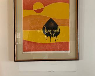 framed, vintage lithograph titled "Bull" by Panamanian-American artist Keith Llewellyn De Carlo (1925-198