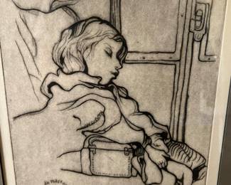 framed print or etching titled "Niña, la hija del fusilado" (Girl, the daughter of the executed man) by Jorge de Mattos