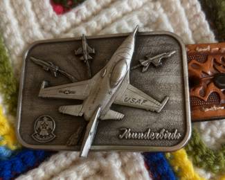 1977 THUNDERBIRDS BELT BUCKLE AND HAND TOOLED BELT
