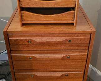 Norkisk andels Danish Teak MCM Organizer on top and Danish Teak File Cabinet.