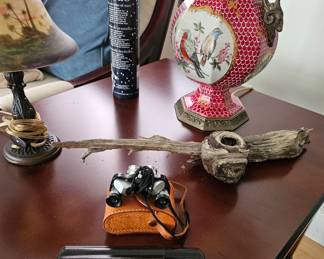 Binoculars in leather case, Cigar holder, carved Wood and more