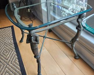 Egyptian Revival Figural Verdigris Bevelled glass Top Gueridon End Table