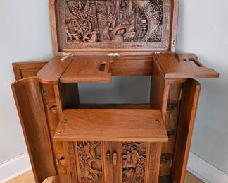Mid Century Carved Teak Dry Bar