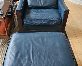 Pair of Blue Leather KravetFurniture Recliners and Ottomans