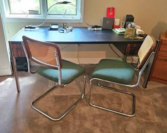 Library Table with Two metal and Cane Chairs