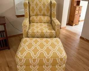 Stylish Yellow/White Geometric Pattern Upholstered Armchair and Ottoman Set