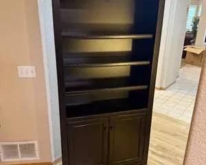 Modern Black Wooden Bookshelf with Adjustable Shelves and Cabinet