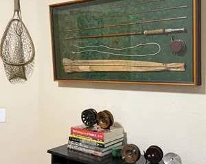 Framed Vintage Fishing Rods and Reels Display with Fishing Lure Books