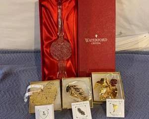 Waterford Crystal Decorative Glass Blower and 24K Gold-Plated Leaf Ornaments Set