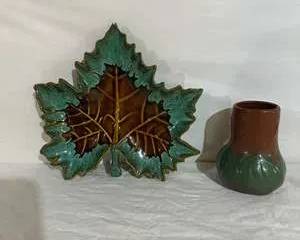 Van Briggle Onion Bulb Vase Burgundy/w Blue Green; Maple Leaf High Brown Green Drip