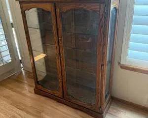 Solid Oak Display Cabinet with Glass Shelves and Brass Hardware