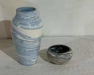 Vintage Denver White Pottery Blue and White Swirl Decorative Vases