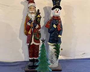 Festive Holiday Santa and Snowman Figurines with Green Christmas Tree