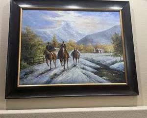 “Snow Trail” by Dunken with COA Framed Landscape Oil Painting featuring Riders on Horseback