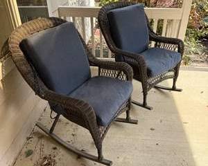 Two Hampton Bay Wicker Rocking Chairs with Cushions
