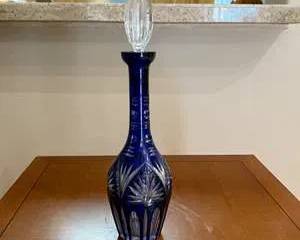 Elegant Cut to Clear Crystal Blue Decanter with Clear Stopper