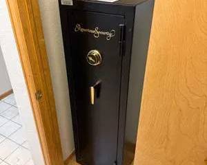 American Security Black Steel Safe with Multiple Shelves and Gold Accents
