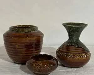 Van Briggle High glaze brown drip Vases and Bowl