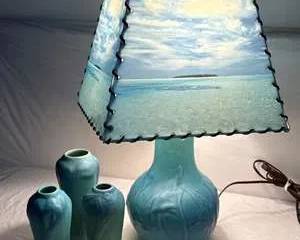 Van Briggle Calla Lily Lamp, Dragonfly Vase, Raised Floral Vases