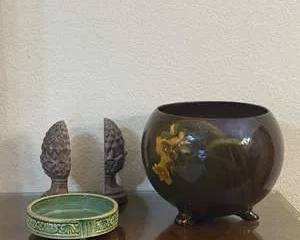 Decorative Brown Pot with Yellow Floral Design and Green Bowl Set
