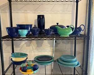 Vintage Fiesta Dinnerware Set in Blue and Green with Colorful Bowls and Platters