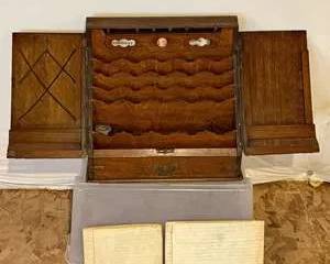 Antique Oak Desk Organizer with Dividers and Antique Papers from 1825