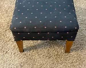 Vintage Dark Blue Upholstered Stool with Floral Design and Brass Handle