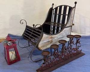 Santa Sleigh with Rustic Wood Accents, a Decorative Lantern and Candle Holder