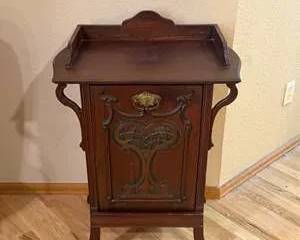 Vintage Wooden Side Table with Decorative Inlay, Brass Handle and trash bin
